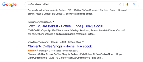 local search for belfast coffee shops facebook page indexed